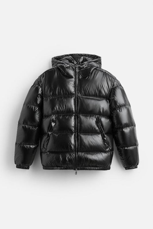 Unisex down jacket with high collar and zip front