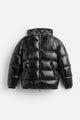 Unisex down jacket with high collar and zip front