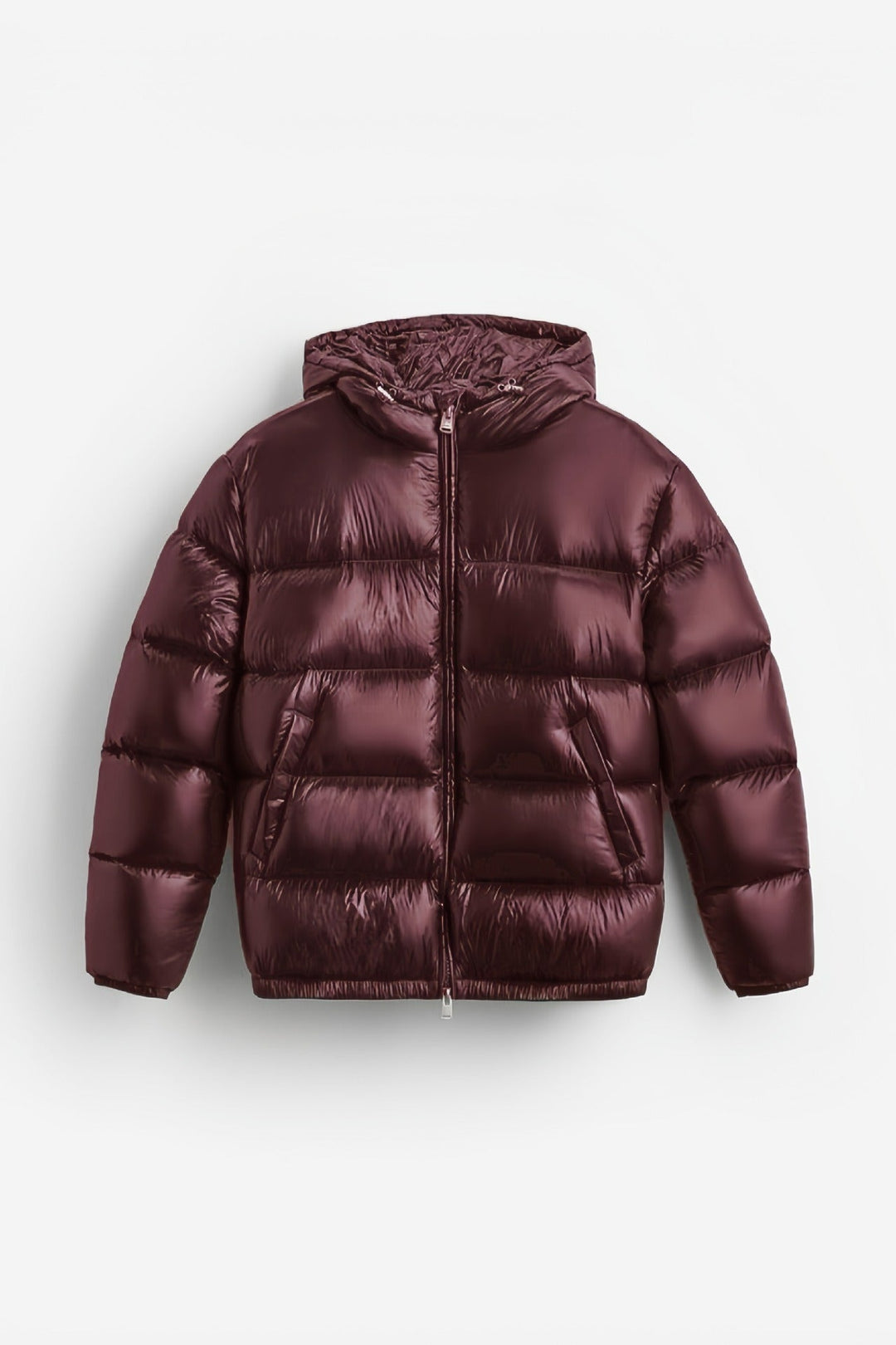 Unisex down jacket with high collar and zip front