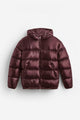 Unisex down jacket with high collar and zip front
