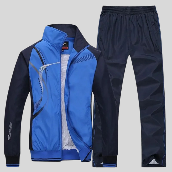 Men's geometric tracksuit set with zip jacket and full-length trousers