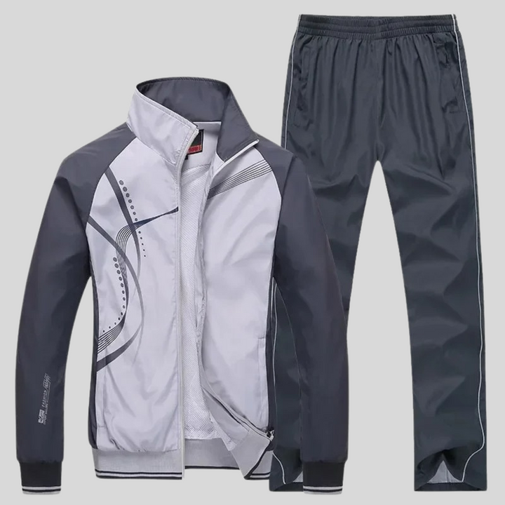 Men's geometric tracksuit set with zip jacket and full-length trousers
