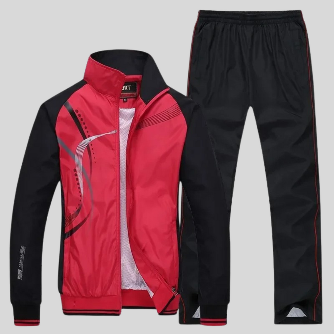 Men's geometric tracksuit set with zip jacket and full-length trousers