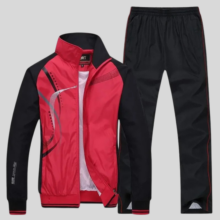 Men's geometric tracksuit set with zip jacket and full-length trousers