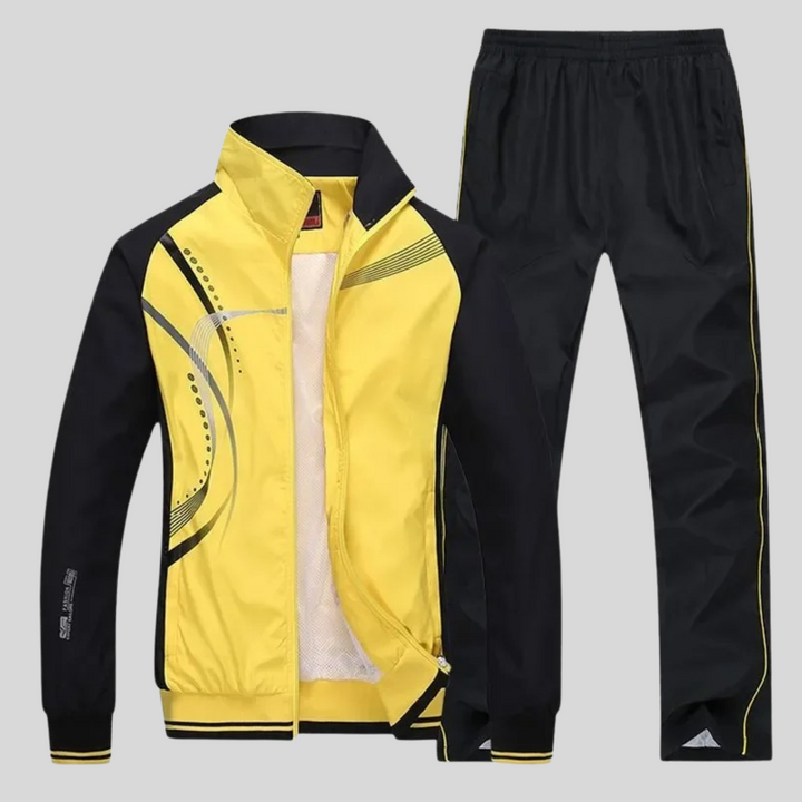 Men's geometric tracksuit set with zip jacket and full-length trousers