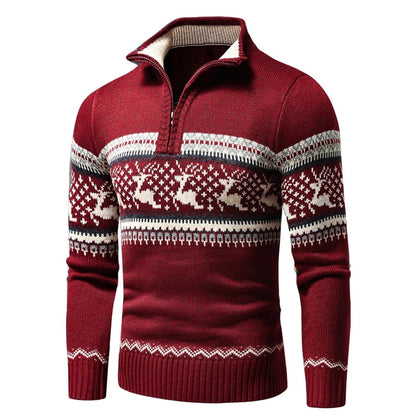 Men's patterned half-zip jumper with stand collar and long sleeves