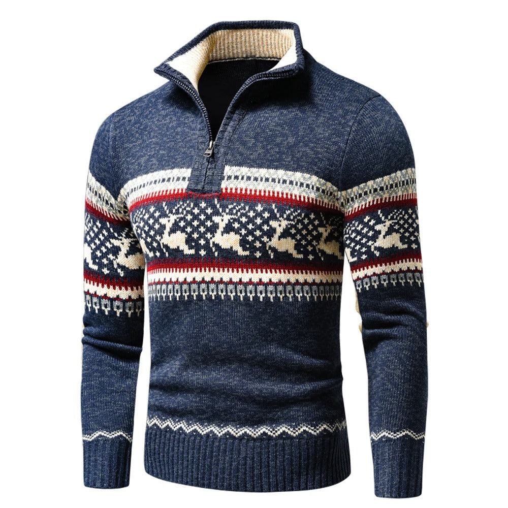 Men's patterned half-zip jumper with stand collar and long sleeves