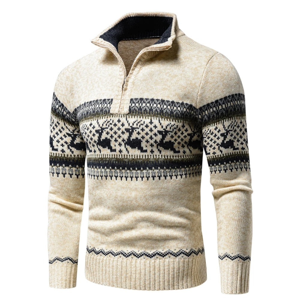 Men's patterned half-zip jumper with stand collar and long sleeves