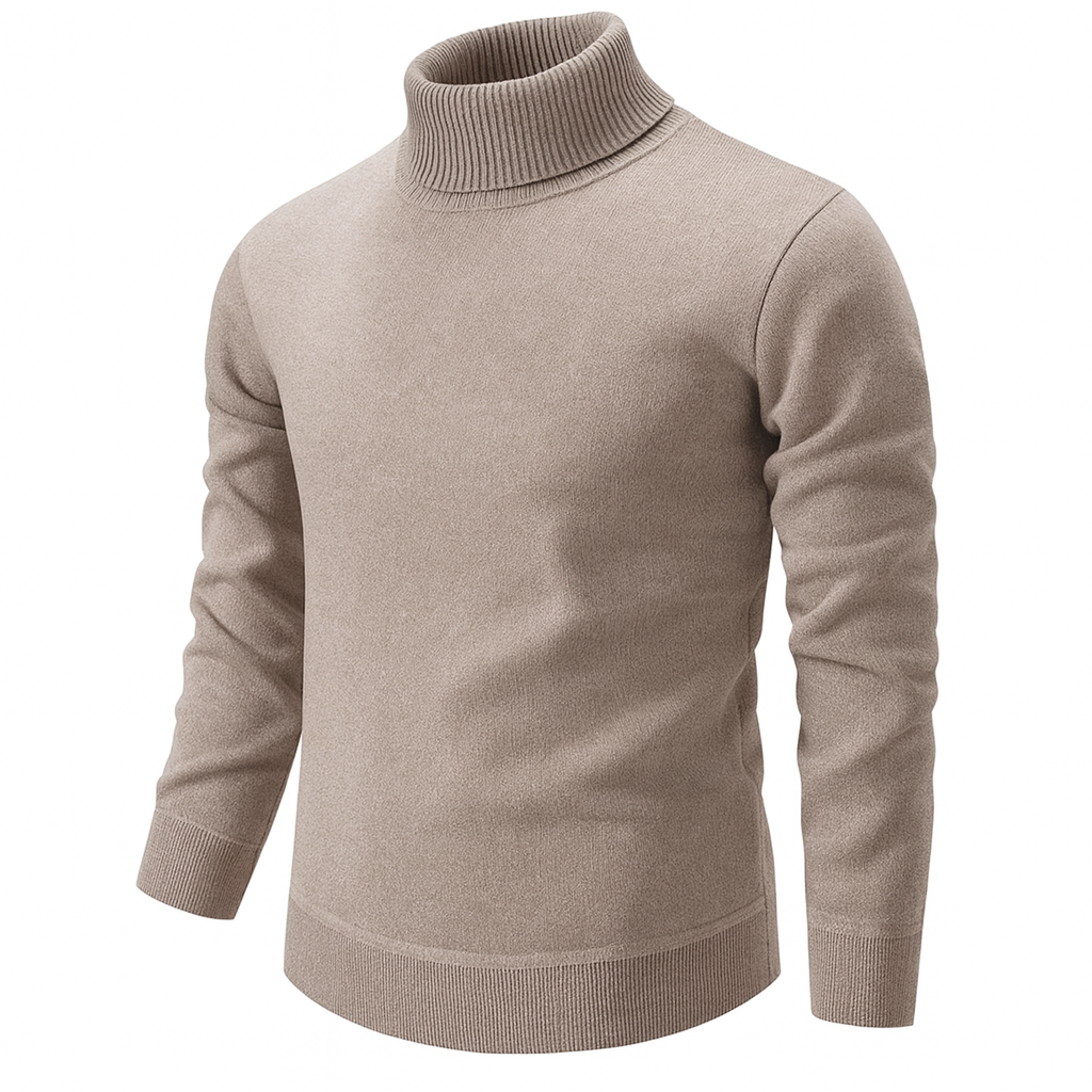 Men's beige turtleneck sweater with ribbed collar and long sleeves
