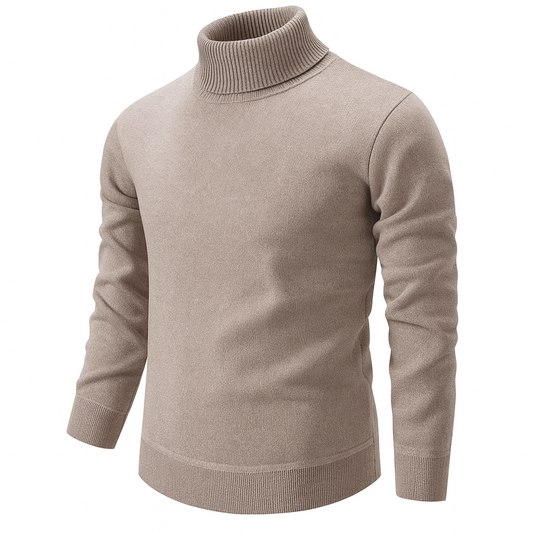 Men's beige turtleneck sweater with ribbed collar and long sleeves