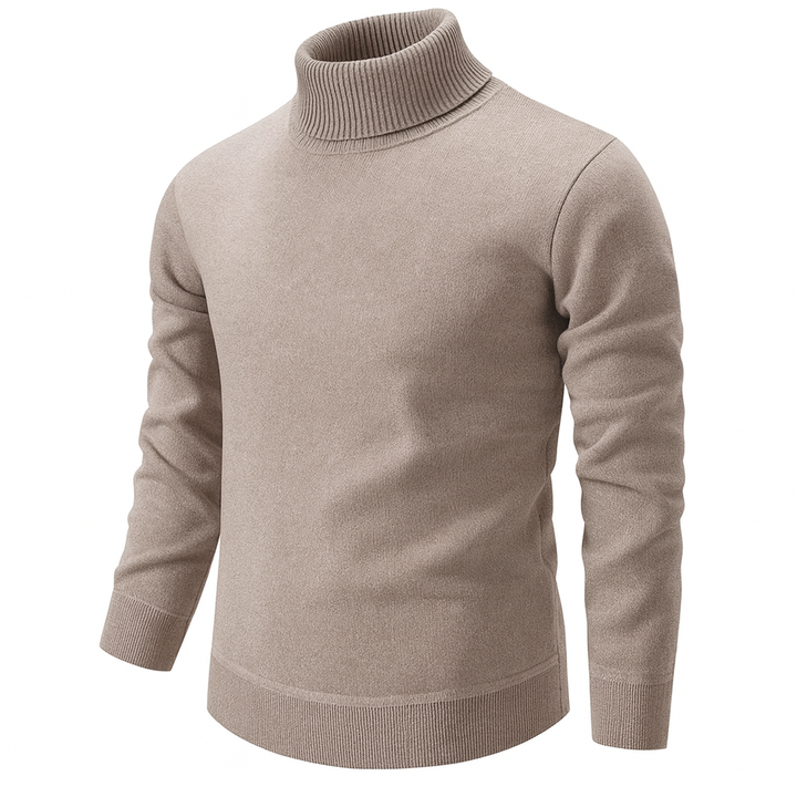 Men's beige turtleneck sweater with ribbed collar and long sleeves
