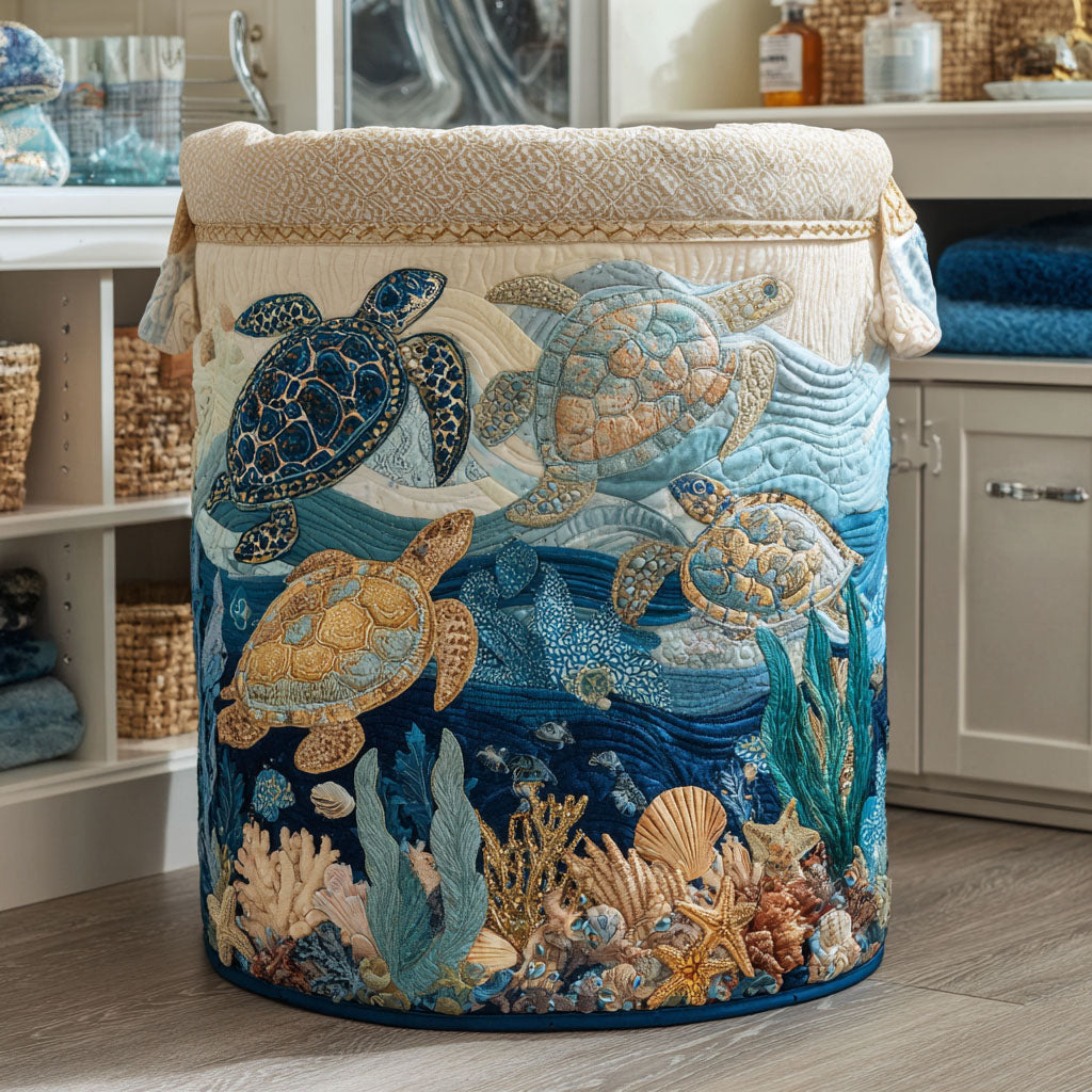 Quilted laundry basket with shell pattern and carry handles