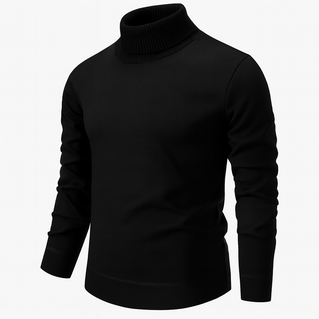 Men's beige turtleneck sweater with ribbed collar and long sleeves