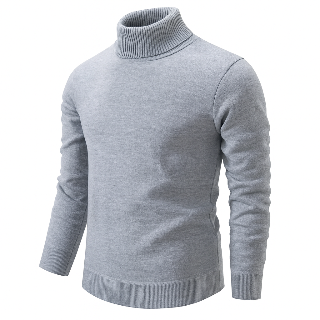 Men's beige turtleneck sweater with ribbed collar and long sleeves