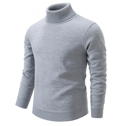 Men's beige turtleneck sweater with ribbed collar and long sleeves