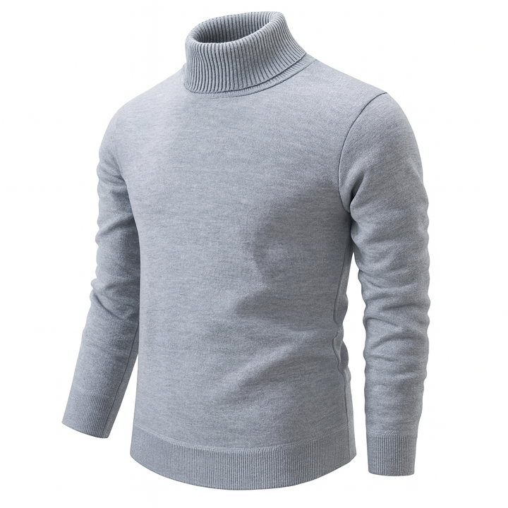Men's beige turtleneck sweater with ribbed collar and long sleeves