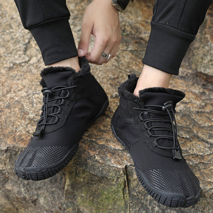 Textured winter barefoot ankle boots with lace-up toggle and padded trim