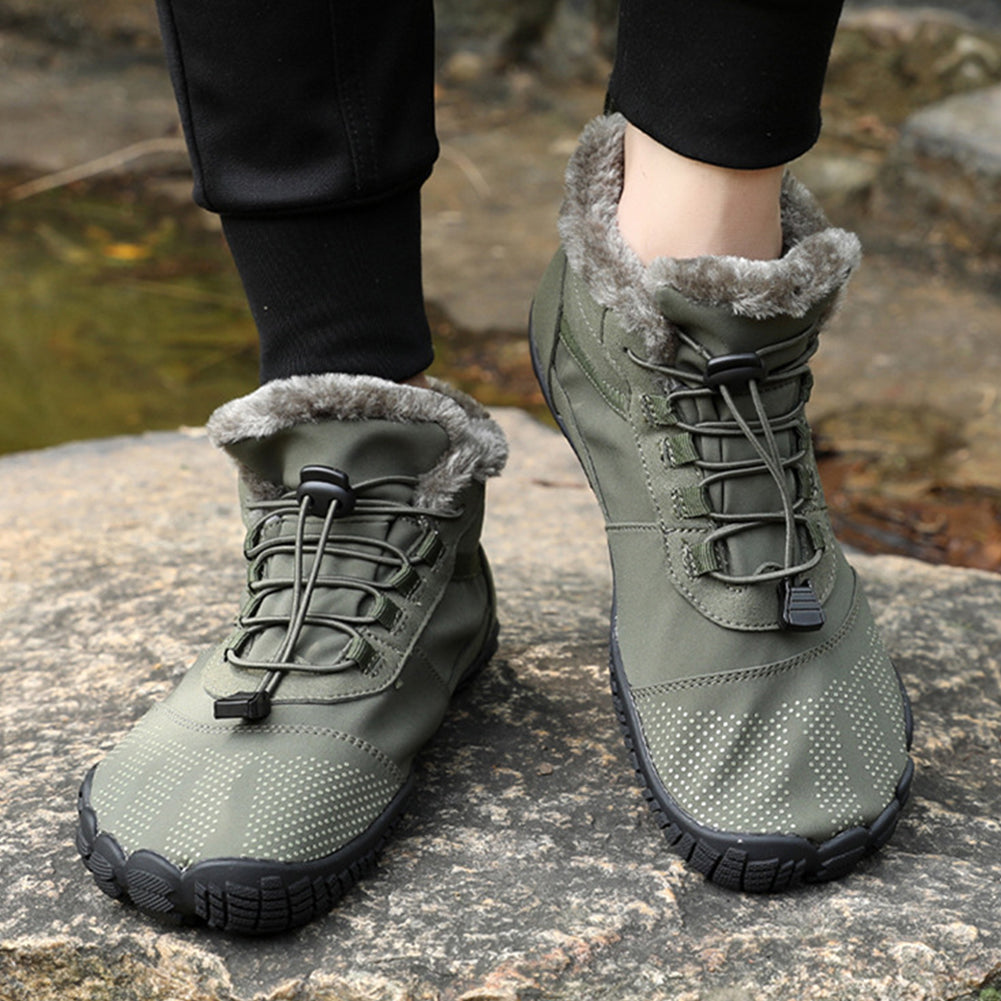Textured winter barefoot ankle boots with lace-up toggle and padded trim