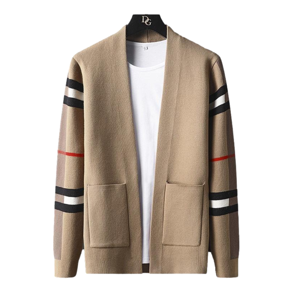 Men's open front cardigan with striped long sleeves and patch pockets