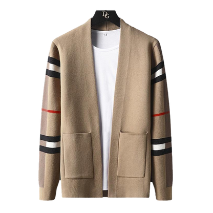 Men's open front cardigan with striped long sleeves and patch pockets
