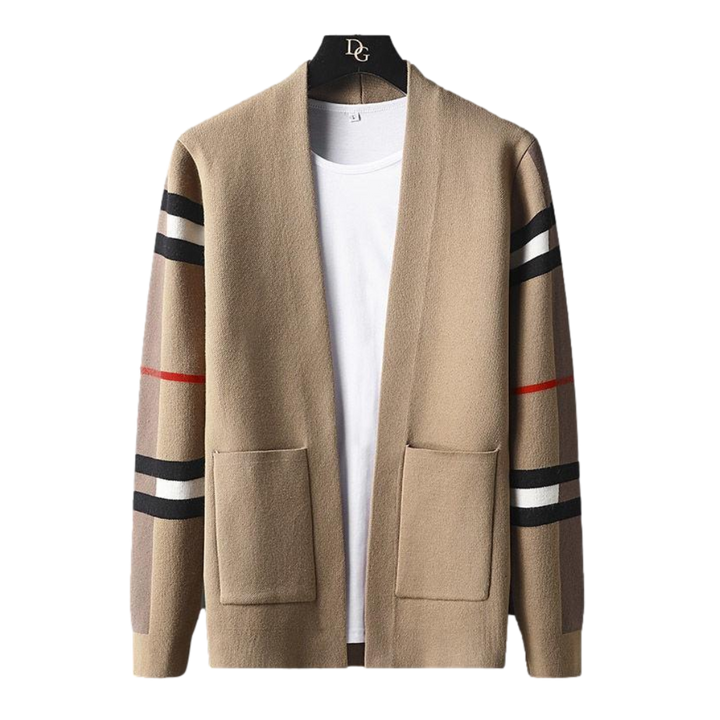 Men's open front cardigan with striped long sleeves and patch pockets