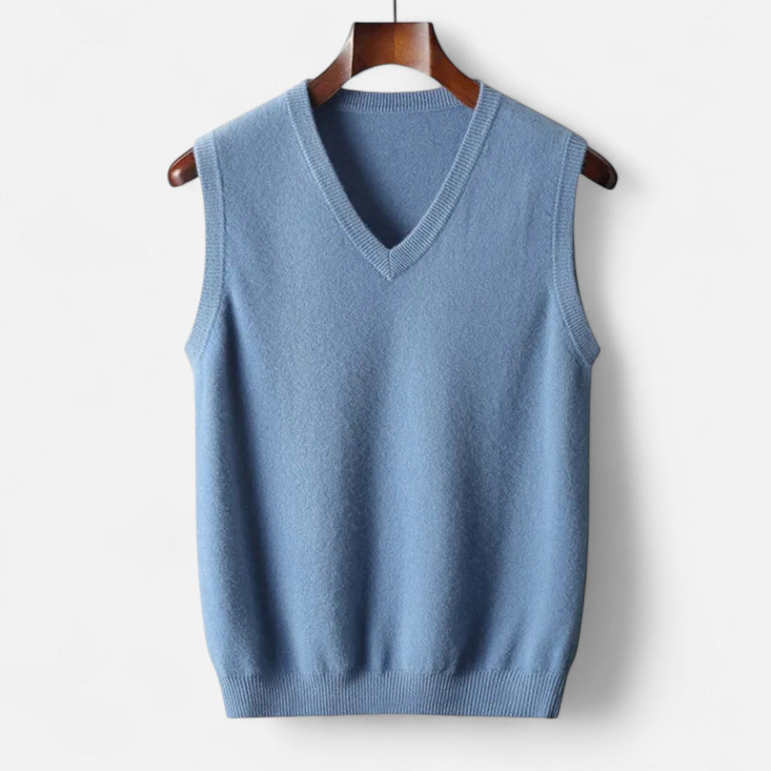 Men's sleeveless V-neck knitted jumper with ribbed trims