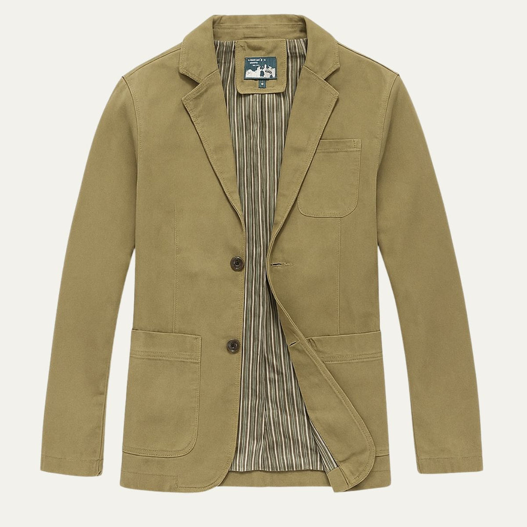 Men's blazer style jacket with notched lapels, long sleeves and patch pockets