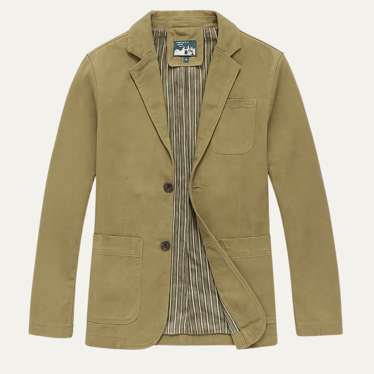 Men's blazer style jacket with notched lapels, long sleeves and patch pockets