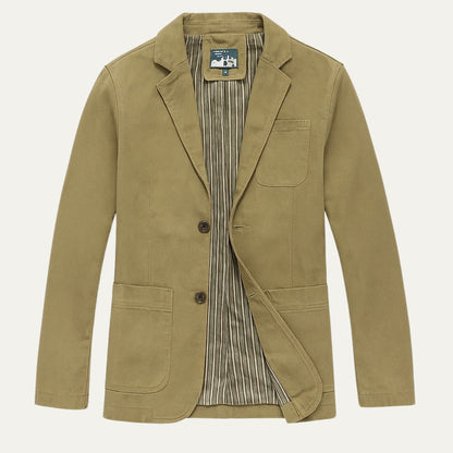Men's blazer style jacket with notched lapels, long sleeves and patch pockets