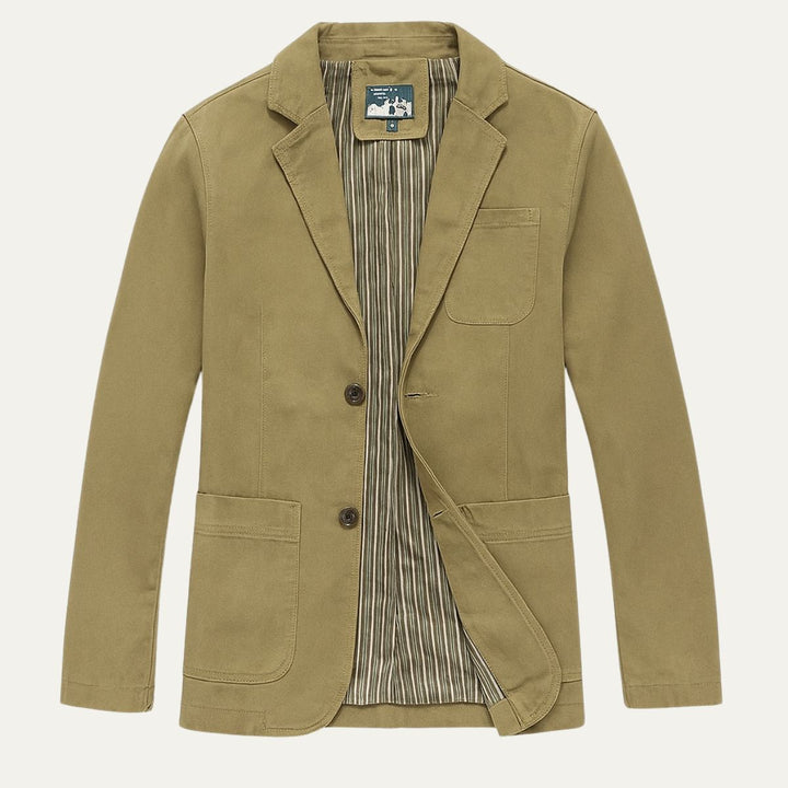 Men's blazer style jacket with notched lapels, long sleeves and patch pockets
