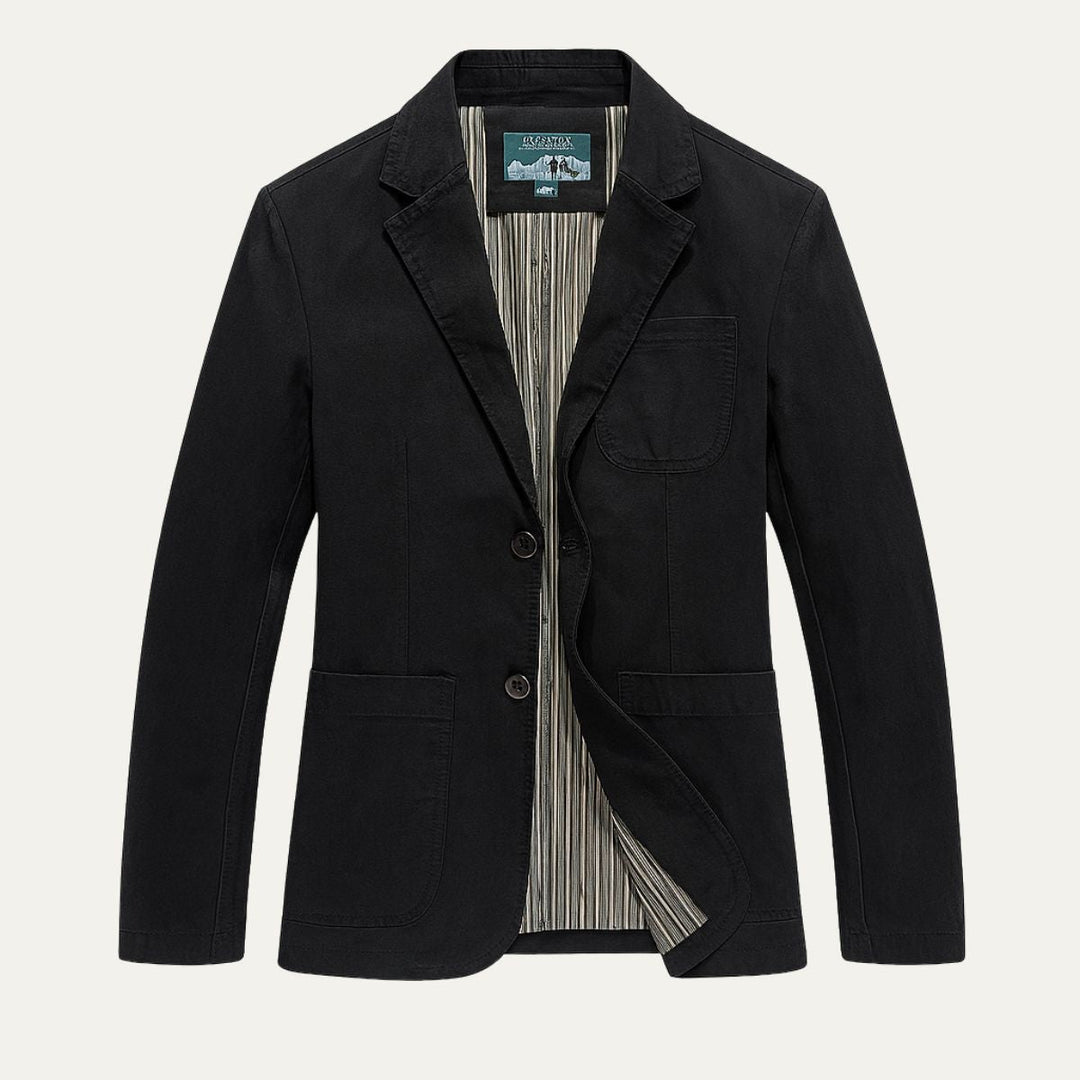 Men's blazer style jacket with notched lapels, long sleeves and patch pockets