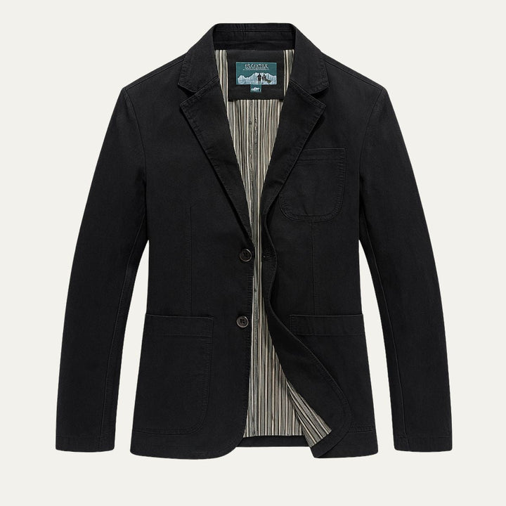 Men's blazer style jacket with notched lapels, long sleeves and patch pockets