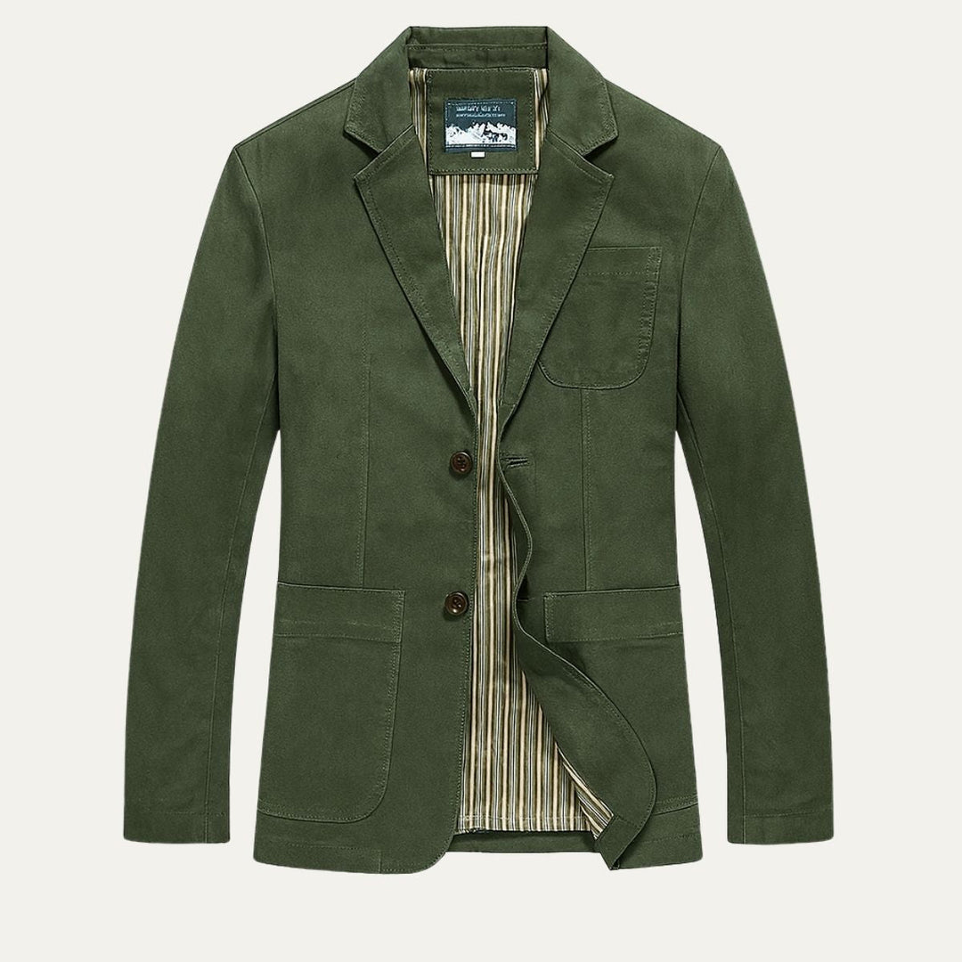 Men's blazer style jacket with notched lapels, long sleeves and patch pockets