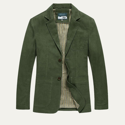 Men's blazer style jacket with notched lapels, long sleeves and patch pockets