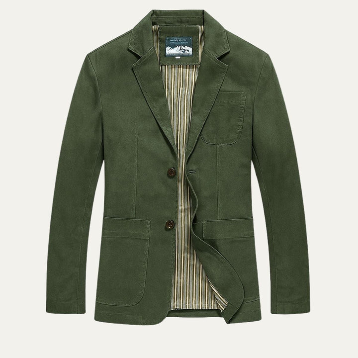 Men's blazer style jacket with notched lapels, long sleeves and patch pockets