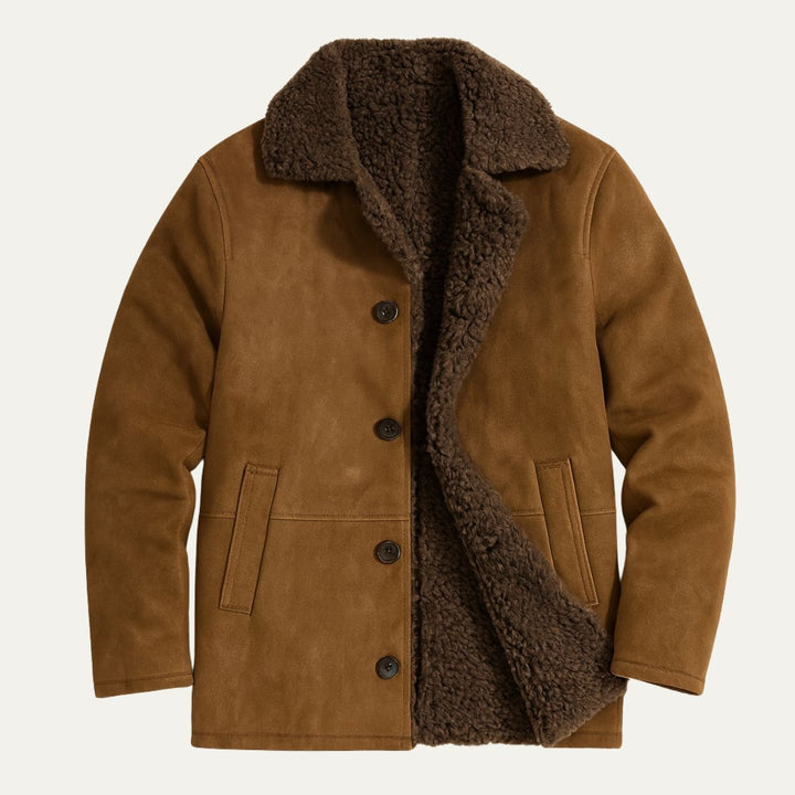 Men's shearling-style overcoat with wide collar, button front and angled pockets