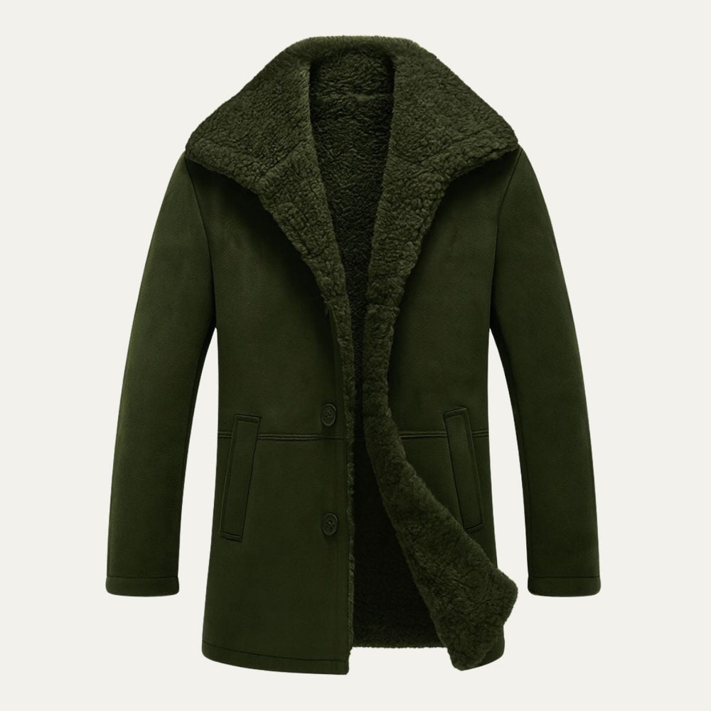 Men's shearling-style overcoat with wide collar, button front and angled pockets