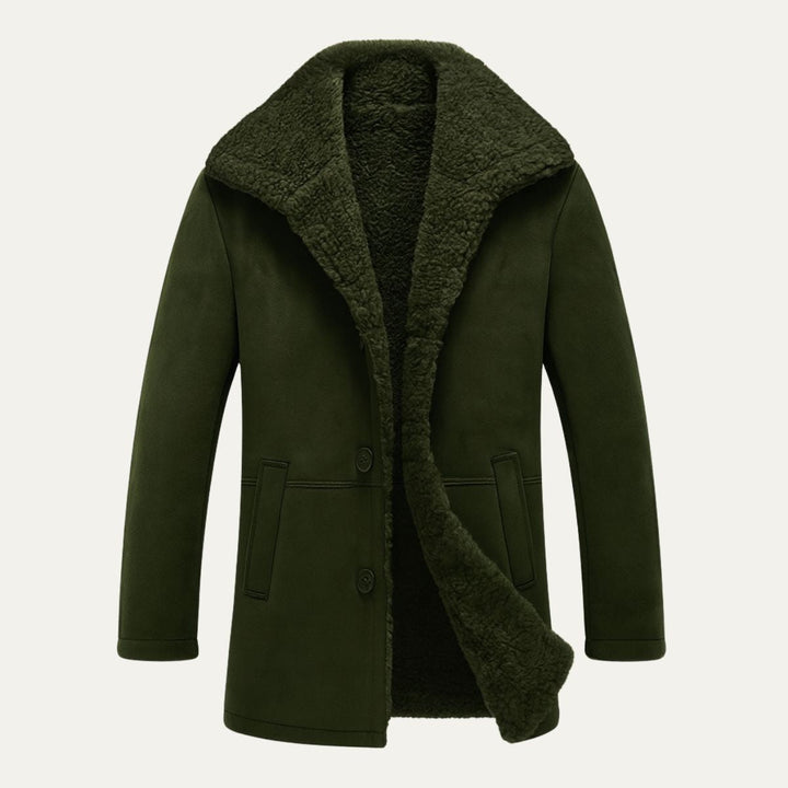 Men's shearling-style overcoat with wide collar, button front and angled pockets