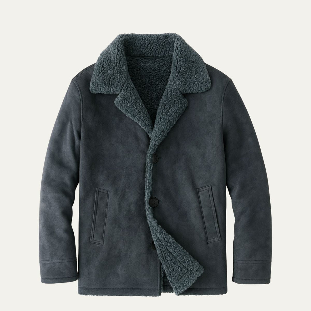 Men's shearling-style overcoat with wide collar, button front and angled pockets