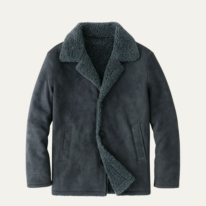 Men's shearling-style overcoat with wide collar, button front and angled pockets
