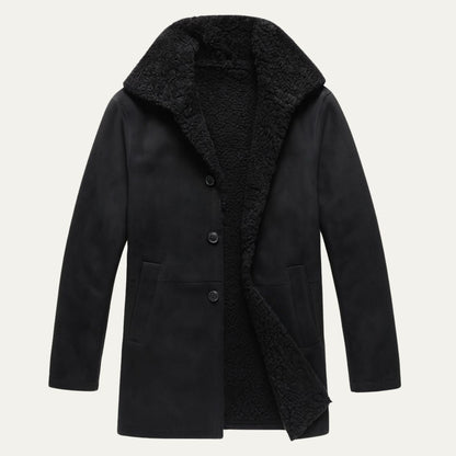 Men's shearling-style overcoat with wide collar, button front and angled pockets