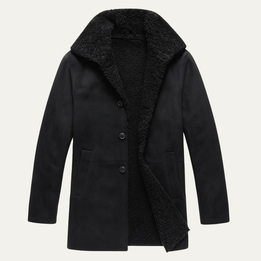 Men's shearling-style overcoat with wide collar, button front and angled pockets