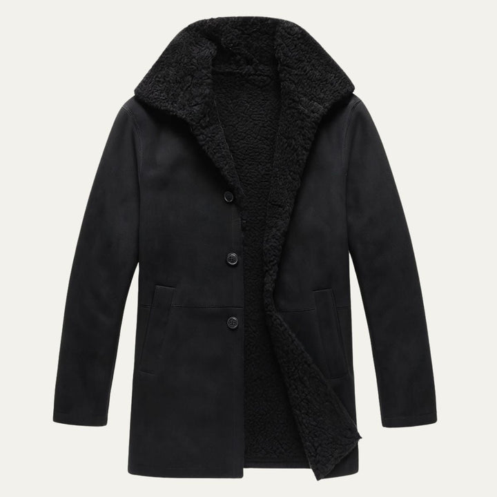 Men's shearling-style overcoat with wide collar, button front and angled pockets