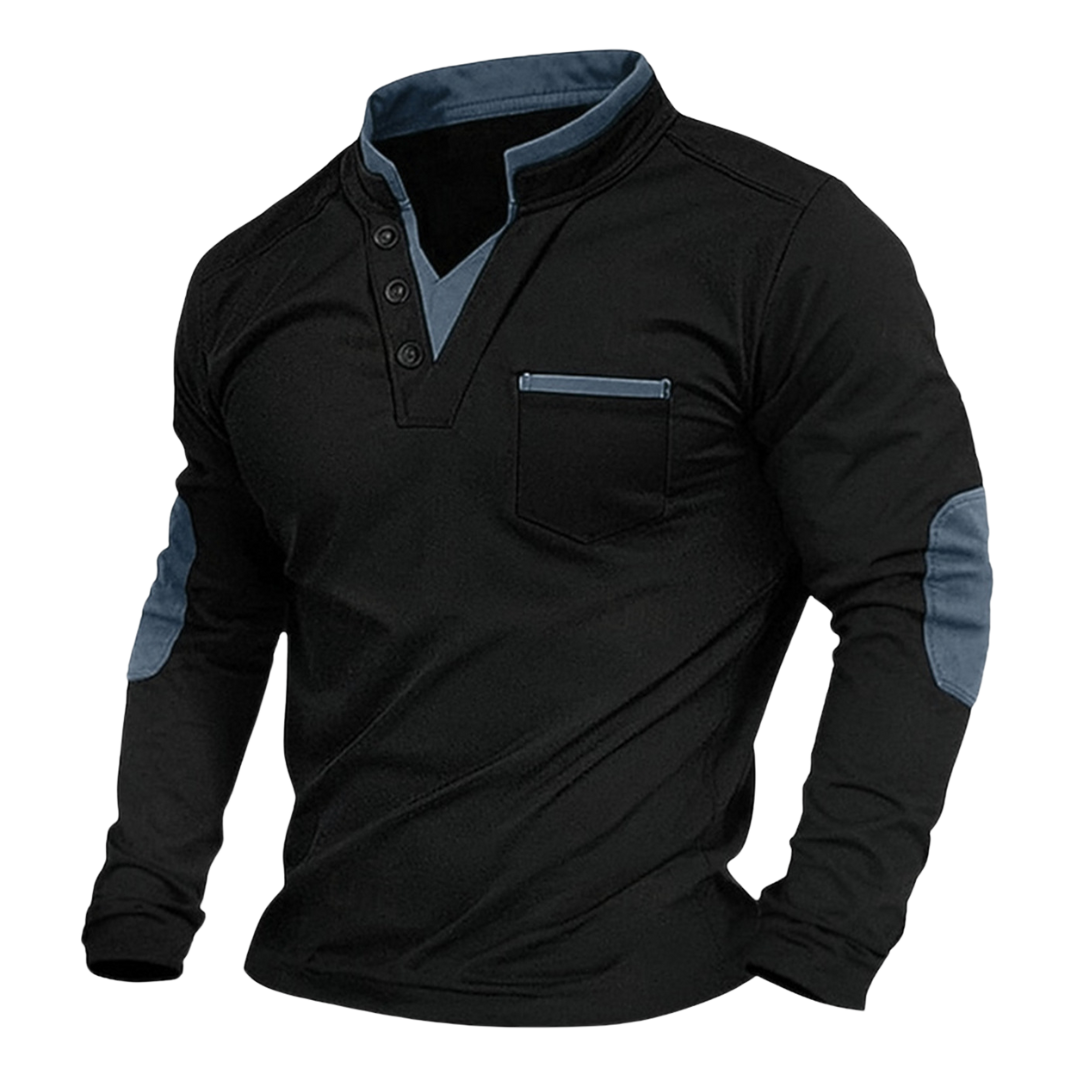 Men's V-neck sweatshirt with button placket and contrast elbow patches