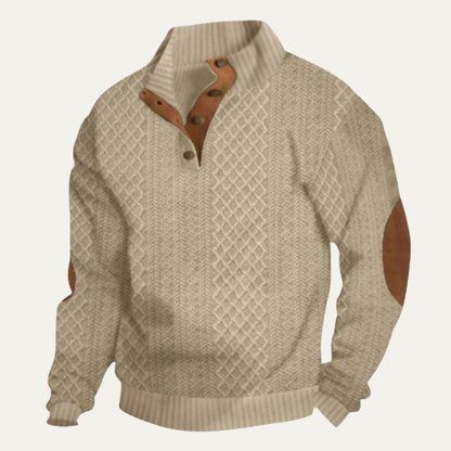 Men's textured mock neck sweater with button placket and contrasting elbow patches
