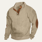Men's textured mock neck sweater with button placket and contrasting elbow patches
