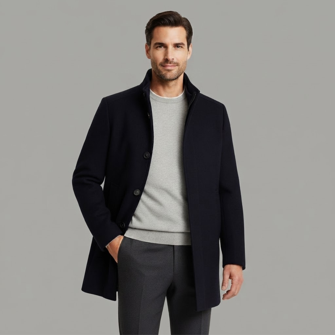 Men's long patterned overcoat with stand collar and button front