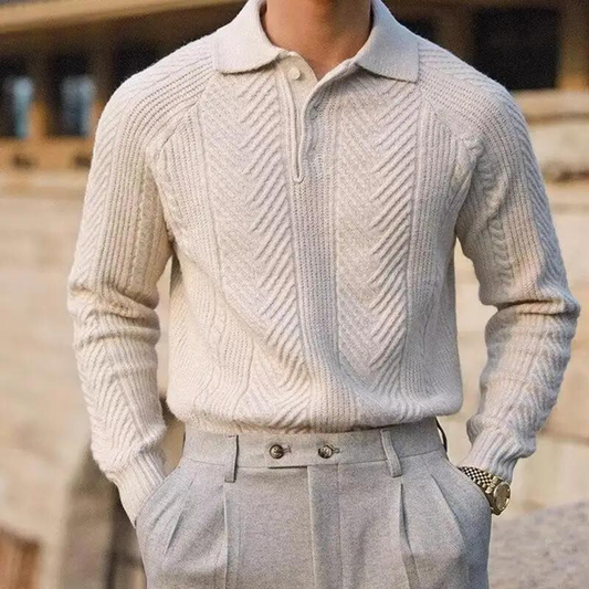 Men's long-sleeve textured polo sweater with collared neckline and button placket