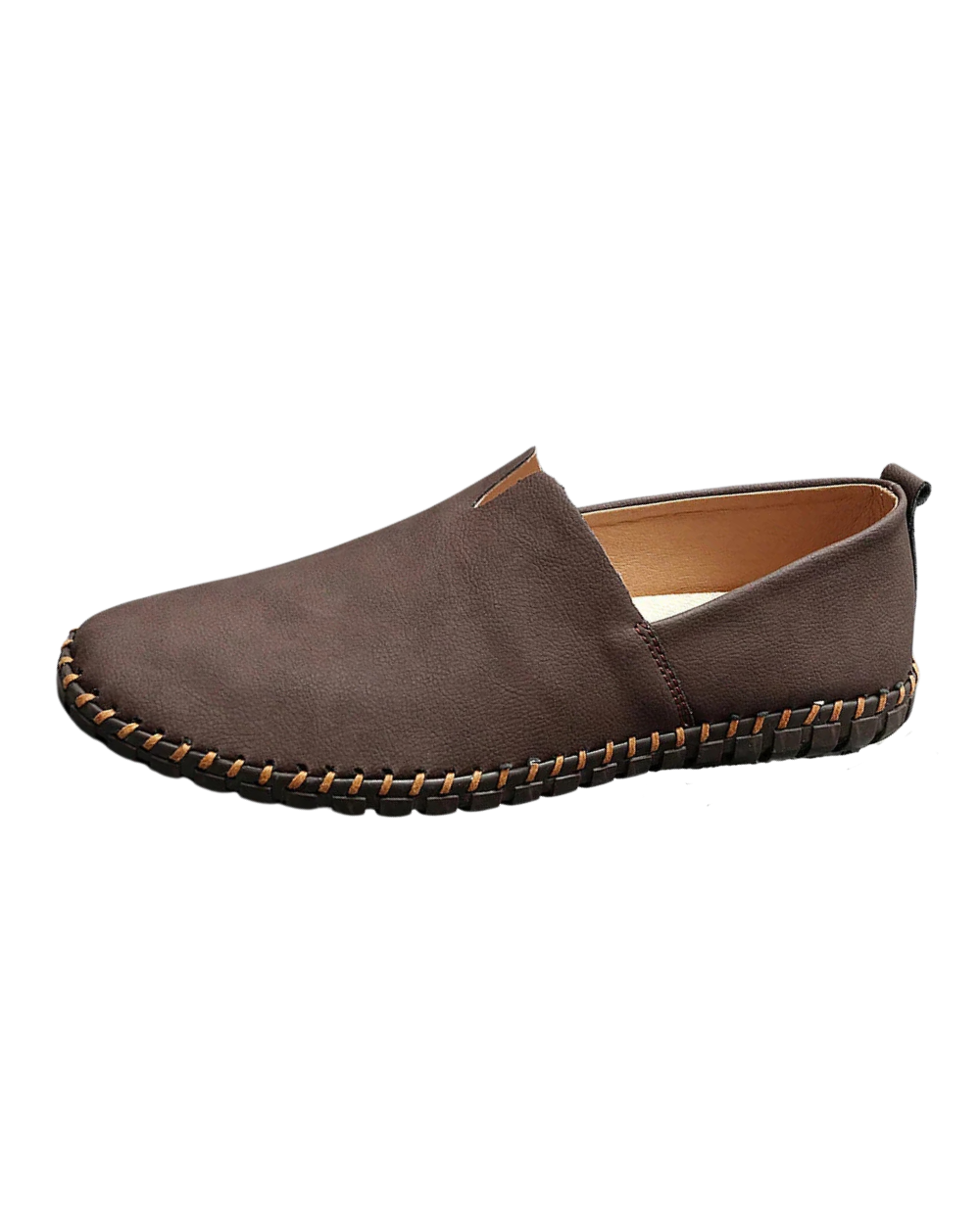 Men's dark brown leather loafers with contrasting stitched moc-toe and trim