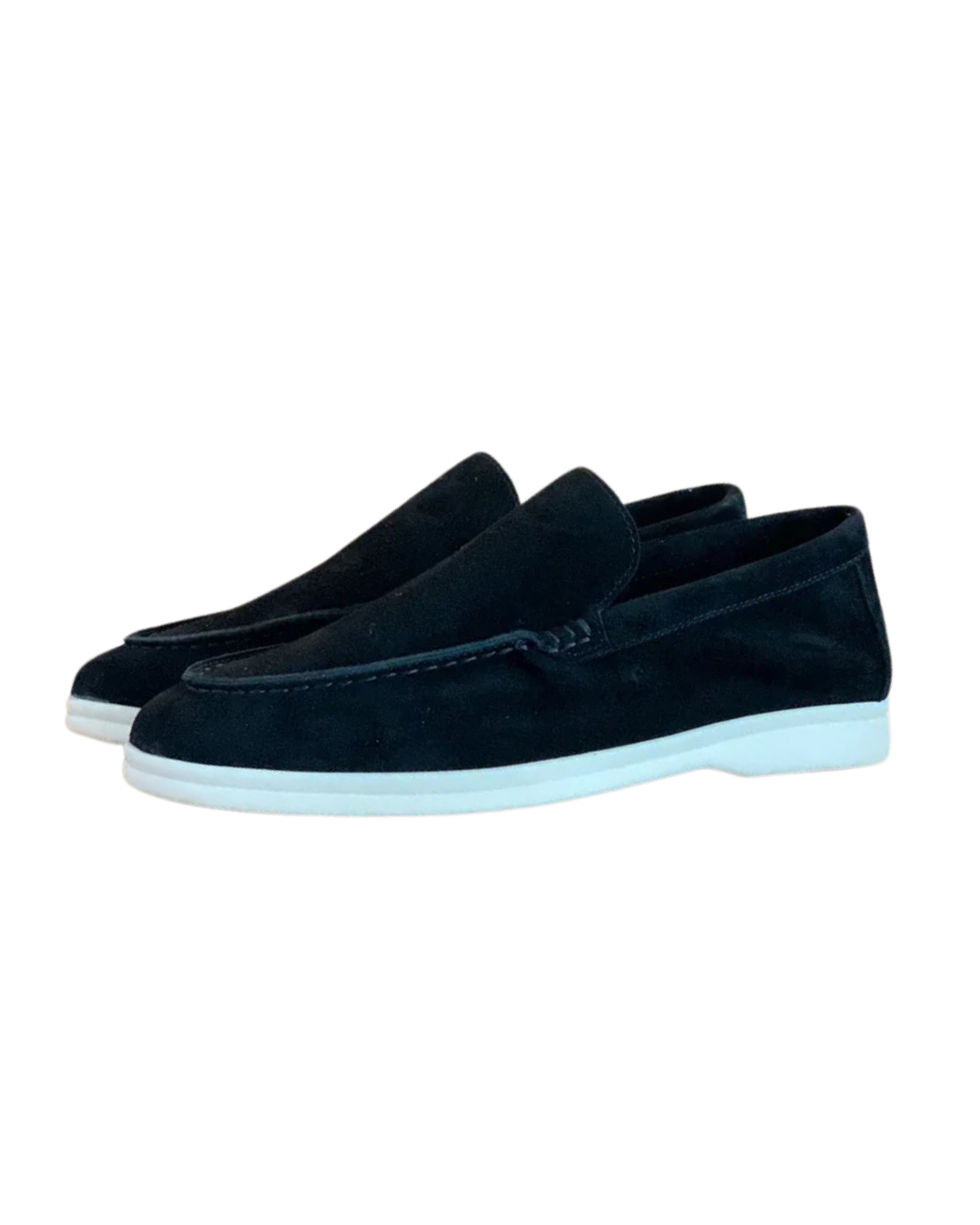 Black and navy suede loafers with cream sole and moc-toe stitching